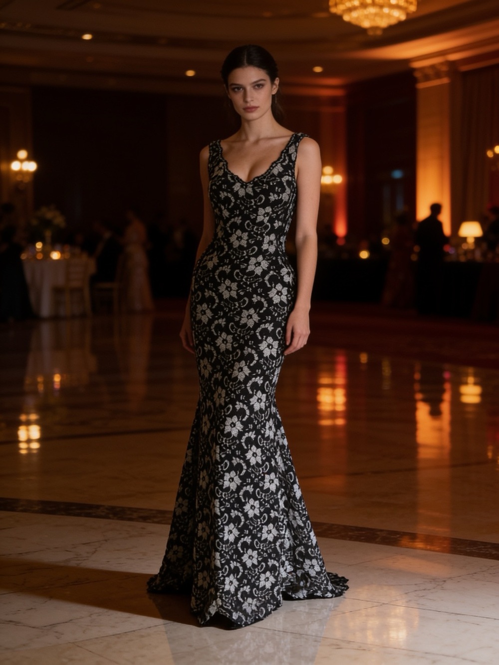 XSCAPE Black Sleeveless Lace Mermaid Evening Women's Gown Dress 8 Ruffle